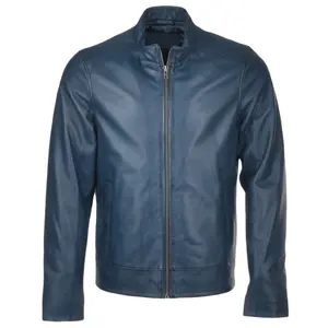 Jaqueta de couro masculina, nova moda, suave, de couro, para motociclista, elegante, com zíper, jaqueta azul para homens