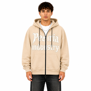 Sweat-shirt à capuche zippé beige pour homme, en coton épais, avec graphisme vieilli sur le devant, poches latérales, style streetwear décontracté - Product Image 1
