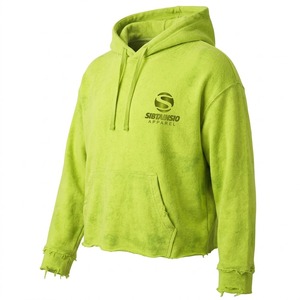 เสื้อฮู้ดดี้ผู้ชายสไตล์สตรีทแวร์ผ้าเฟรนช์เทอร์รี่แบบครอป ตัดขอบดิบ ลุคซันเฟด แอซิดวอช แต่งแพทช์พิมพ์ลาย - Product Image 2