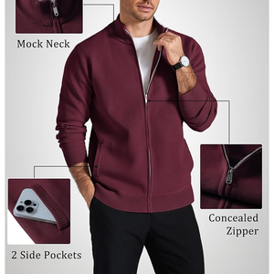 <b>Men's</b> Knitted Full Sleeve Solid Color Zipper <b>Cardigan</b> Autumn Casual Sweater Burgundy - Product Image 4
