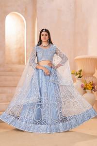 <b>Light</b> Blue Embroidered Lehenga Choli Women's Traditional Wedding Dress Floor-Length Regular Fit India Pakistan Style - Product Image 4