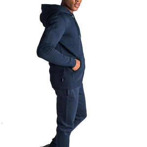 Conjunto Deportivo de 2 Piezas para Hombre, Color Azul Marino, Sudadera con Capucha y Cierre Completo, Pantalones Deportivos, Color Sólido, Ropa Casual con Logotipo Frontal - Product Image 2