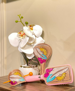 New American Western Style Real Genuine Leather Women Easy Carrying Hairbrush Hand Mirror & Hair <b>Slide</b> Stick Travel Vanity Sets - Product Image 2