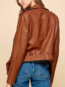 Women's Genuine Leather Moto <b>Jacket</b> Brown Full Sleeve Zipper Closure Slash Neck Belted Design Autumn Style - Product Image 5