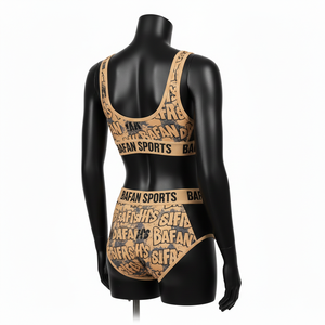 ชุดบิกินี่ผู้หญิง พรีเมียม 220 GSM โพลีเอสเตอร์ผสมสแปนเด็กซ์ สีเบจ-ดำ พิมพ์ลายกราฟิก แต่งผ้าตาข่าย แถบโลโก้แจ็คการ์ด - Product Image 5