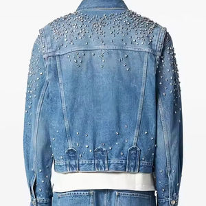 Vestes en jean pour hommes de haute qualité, style streetwear, 100% coton avec logo en strass sur le devant, prix bas pour les vestes d'hiver pour hommes - Product Image 3