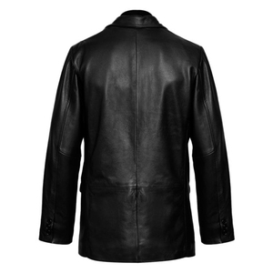 <b>Men's</b> Black <b>Leather</b> Single Breasted Notched Collar Blazer Regular Fit British Style Woven <b>Jacket</b> - Product Image 4