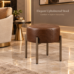 Brown Upholstered Round <b>Stool</b> Padded <b>Seat</b> Metal Legs Modern Accent Seating for Living Room Bedroom and Lounge Indoor | Versatile - Product Image 2
