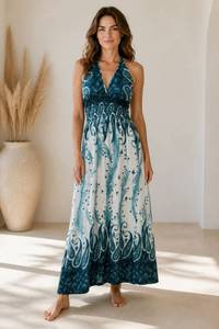 Robe d'été décontractée pour femme, style bohème moderne vintage, coupe droite, longueur genou, avec nœud à pampilles, respirante et écologique - Product Image 1