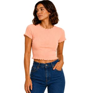 Custom <b>Peach</b> Ribbed Crop <b>Top</b> Women Short Sleeve Lettuce Trim Crew Neck Cotton Spandex Slim Fit Casual Summer T Shirt Custom OEM - Product Image 1