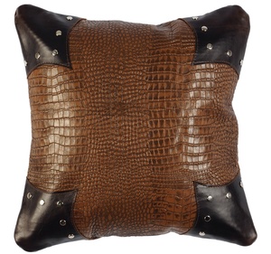 Square Leather Pillow 20x20in Crocodile Pattern Brown with Black Corners and Studs Home Decor - Product Image 3