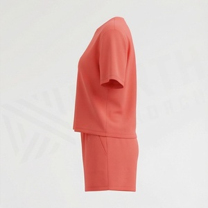 Women's 2 Piece Knitted Solid <b>Coral</b> Short Sleeve T Shirt and Above Knee Shorts Set Casual Loose Fit Spring Summer Wear - Product Image 3