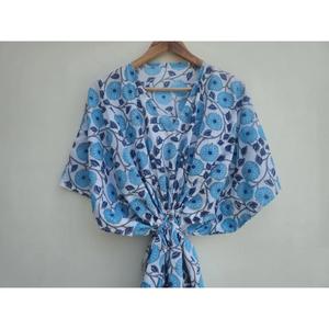 Vestido Kaftan Azul Cielo con Estampado de Bloques para Mujer, Cuello en V, Estilo Boho, Algodón, Cómodo, Holgado, Vestido Largo de Verano - Product Image 5