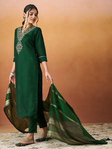 Green Embroidered Silk <b>Kurta</b> Set With Pants & Dupatta Women Casual Wear Traditional <b>Indian</b> Pakistani Style Knee Length Regular - Product Image 1