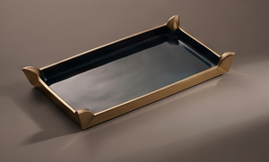 Plateau de service rectangulaire décoratif en métal émaillé vert sarcelle foncé avec bordure dorée en forme de corne, idéal pour le salon, les boissons et les aliments. - Product Image 4