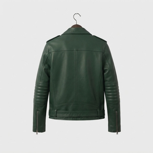 Chaqueta de Motociclista de Cuero Verde para Hombre, Corte Ajustado, Cuello Camisero, Cierre de Cremallera, Manga Larga, Estilo Otoño-Invierno - Product Image 3