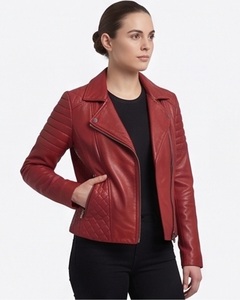 Chaqueta de moto de cuero roja para mujer al por mayor, con dobladillo acolchado y mangas acanaladas, abrigo de motociclista, proveedor de ropa exterior de corte ajustado personalizado - Product Image 5