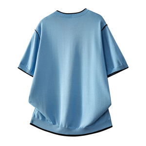 Camiseta de Manga Corta Tejida Extra Grande para Hombre, Cuello Redondo Negro, Ribete en Contraste, Deportiva, Ecológica, de Poliéster/Algodón, Color Sólido Informal - Product Image 6