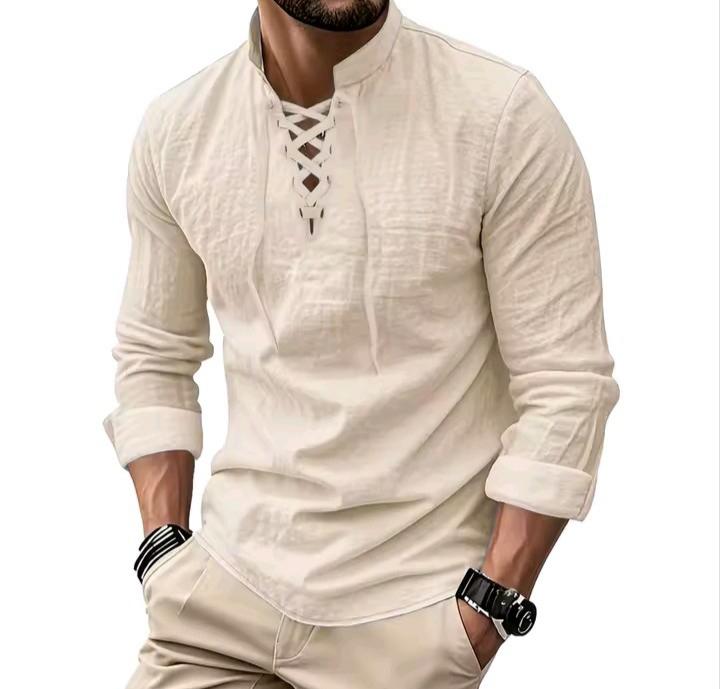 Camisa De Lino Retro Medieval Para Hombre | Estilo Punk Y Pirata De Manga Larga Con Cordón Ajustable