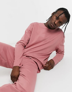Ensemble de pyjama rose à manches longues et col rond pour homme, couleur unie, en coton, décontracté, pour l'automne, coupe régulière, taille élastique - Product Image 4