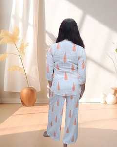 Premium Women White <b>Peach</b> Printed Woven Loose Autumn Casual Dress Pintuck Tunic <b>Top</b> with Matching Natural Waist Wide Leg Pants - Product Image 2