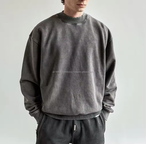Sudadera con cuello redondo para hombre, 100% algodón, estilo oversize, hombros caídos, estilo vintage, streetwear, sudadera lisa con efecto desgastado para hombre - Product Image 2