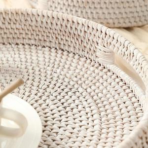 White <b>Wash</b> <b>Rattan</b> Round Serving Tray With Handles, Premium Export Quality OEM and ODM Available Viettimecraft - Product Image 3