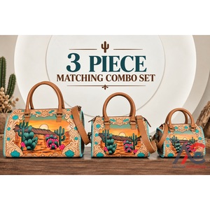Ensemble de bagages de voyage pour femme, collection assortie 3 pièces, sac de voyage en cuir tooled Western, imprimé cactus coucher de soleil, nouveau - Product Image 1