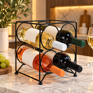Porte-bouteilles à vin circulaire en métal noir avec capacité pour 4 bouteilles, support pour comptoir de bar ou de restaurant, présentoir de rangement - Product Image 1