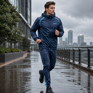 Unisex Solid Navy Blue Hooded <b>Polyester</b> <b>Tracksuit</b> Set Waterproof Sporty Full Sleeve Lightweight Summer Wear - Product Image 6