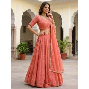 <b>Peach</b> Embroidered Georgette Festival Lehenga Choli for Women - Product Image 4