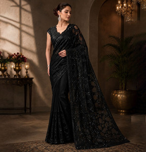 Sari en Georgette Premium Brodé Rouge avec Travaux de Fil Doré, Vêtement Traditionnel Indien et Pakistanais pour Femmes, Idéal pour Mariages et Fêtes - Product Image 1