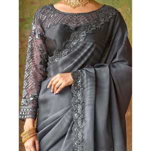 Conjunto de mujer de satén bordado gris asombroso que incluye sari con blusa - Product Image 3