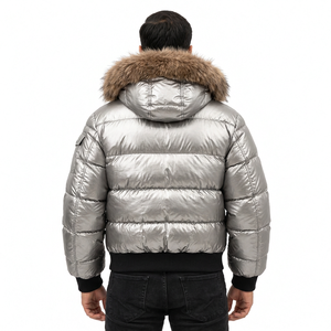 Men's <b>Silver</b> Hooded Puffer <b>Jacket</b> Fur Trim Windproof Breathable Cotton Filled Streetwear Winter Wear Zipper Closure Regular Fit - Product Image 3