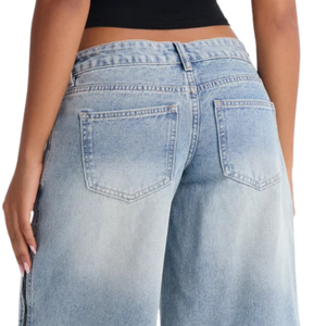 Womens 100% Cotton Light Wash Denim Bermuda <b>Shorts</b> Wide Leg Loose Fit Knee Length Casual Quick Dry Breathable Side Zipper - Product Image 3