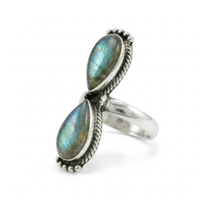 Bague ajustable vintage bohème en argent plaqué antique avec double pierre précieuse en forme de goutte pour femme - Product Image 6