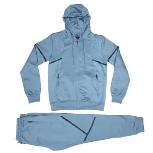 Unisex Light Blue Hooded Tracksuit 2-Piece Zipper <b>Jogger</b> Set Breathable Solid Sporty Autumn Wear Full Length Regular Fit - Product Image 1