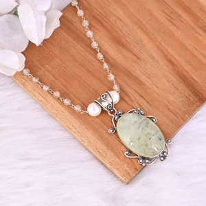 Collier pendentif en argent sterling 925 avec perle, rutile doré et préhnite - Product Image 3