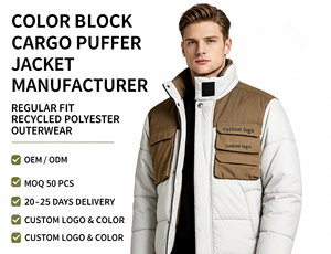<b>Men's</b> Color Blocking Puffer <b>Jacket</b> Stand Collar Zipper Front Logo Customizable Winter Outdoor Coat Windproof Casual Thick - Product Image 2