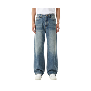 Jean décontracté bleu vintage pour homme, coupe droite, style coréen, effet délavé, jambe large - Product Image 1