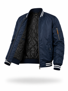 Blouson bomber bleu marine pour homme, col rabattu, fermeture éclair, style décontracté, matière polyester, vêtement d'automne - Product Image 4