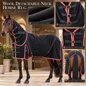 Manta para Caballo Negra con Cuello Desmontable, Mezcla de Lana al 70% y Pecho Suave |   Manta Transpirable y Estable con Doble Hebilla en el Pecho y Correas para las Piernas - Product Image 5
