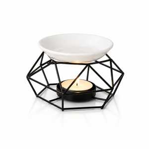 Brûleur d'encens géométrique moderne avec cadre métallique et bol en céramique, pour bougie chauffe-plat et cire fondue, diffuseur d'arômes, décoration d'intérieur - Product Image 1