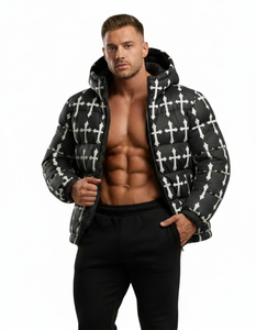 Blouson matelassé à capuche noir imprimé croix pour homme – Manteau d'hiver chaud style streetwear – Vêtement d'extérieur personnalisé en gros - Product Image 2