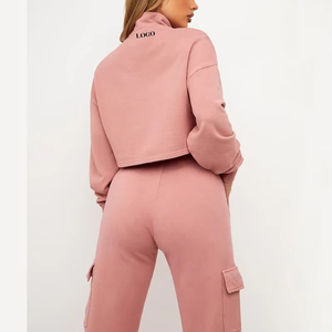 Women Pink 2 Piece Fleece Tracksuit Set <b>Crop</b> Hoodie <b>Jogger</b> Pants Casual Streetwear Solid Color Loose Fit Full Sleeve - Product Image 4