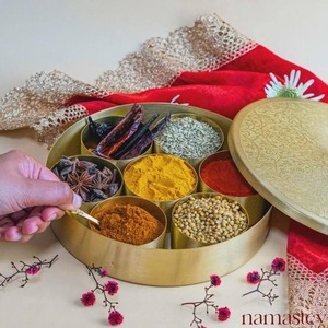 Brass Masala Dabba 7 Compartments Round Spice Box with Lid and Spoon - Product Image 4