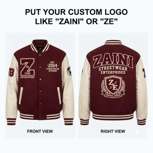 เสื้อแจ็คเก็ตวาร์ซิตี้ ZAINI พรีเมียม ผสมขนสัตว์ 450 GSM สีเบจ-ดำ แต่งขอบถัก  โลโก้เชนีลแบบกำหนดเองด้านหน้า/ด้านหลัง กันลม สำหรับผู้ชาย - Product Image 1