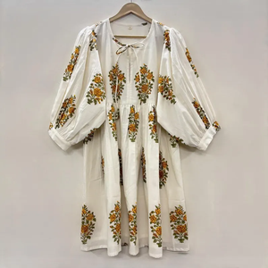 Vestido Midi Casual de Algodón Tejido con Estampado Digital Floral para Mujer, Mangas Abullonadas, Cintura Imperio, Estilo Babydoll, Cuello en V Oversize, Ajuste Holgado - Product Image 3