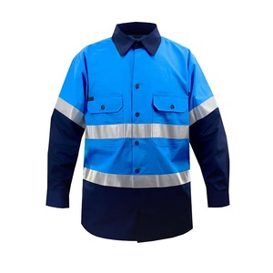 เสื้อเชิ้ตทำงานสะท้อนแสงสีน้ำเงินสำหรับผู้ชาย แขนยาว ผ้าฝ้าย ชุดยูนิฟอร์มนิรภัย พร้อมแถบสีเงิน กระเป๋าเสื้อแบบตรวจจับเข็ม - Product Image 1