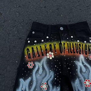 Shorts en jean rétro vintage ornés de strass, coupe ample, taille haute, longueur genou, effet délavé soleil, style streetwear pour homme - Product Image 6